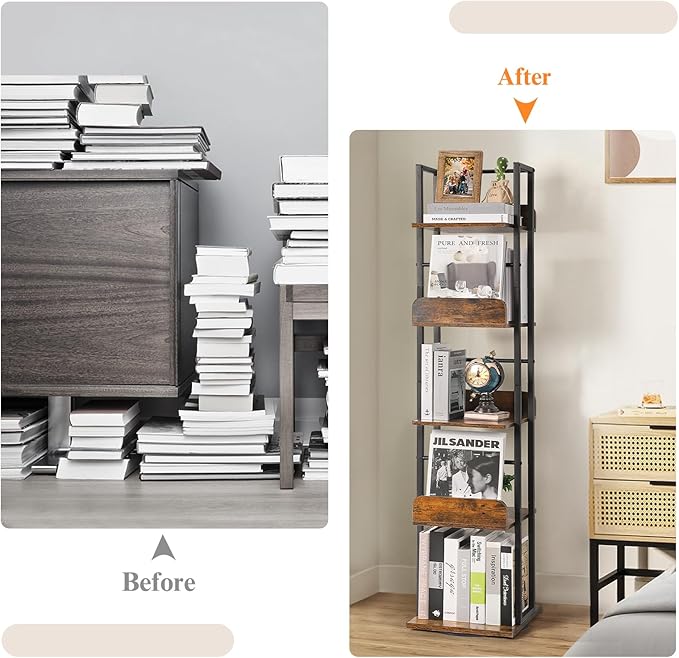 Bikoney Rotating Bookshelf, 360 Display Spinning Bookshelf Tower, 5-Tier Narrow Bookcase, Tall Industrial Book Shelf Organizer, Small Corner Book Shelves for Living Room, Black