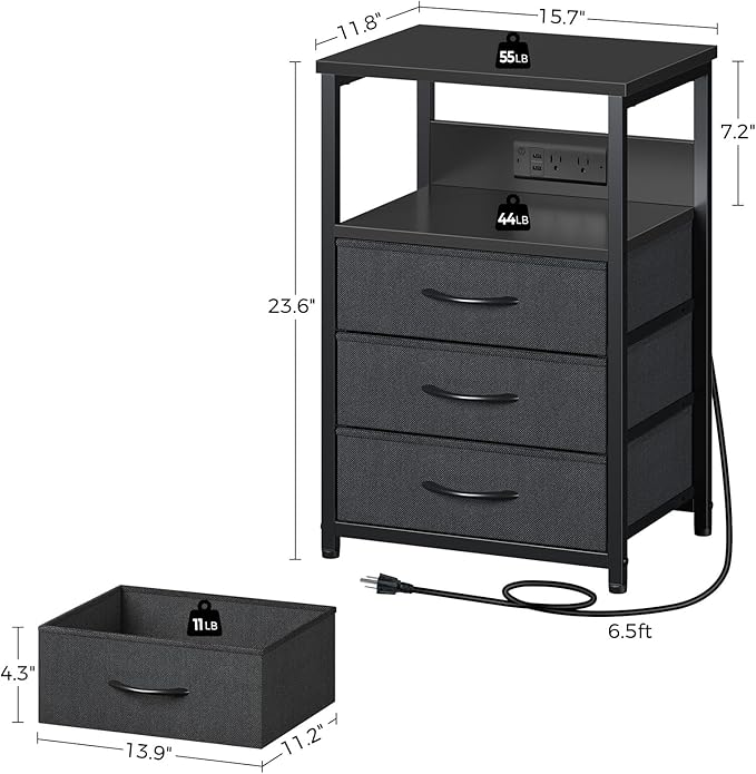 Seventable Nightstand with Charging Station and LED Light, Set of 2 Side Table with 3 Fabric Drawers, Bedside End Table with USB Ports and Outlets, Night Stand for Bedroom, Black