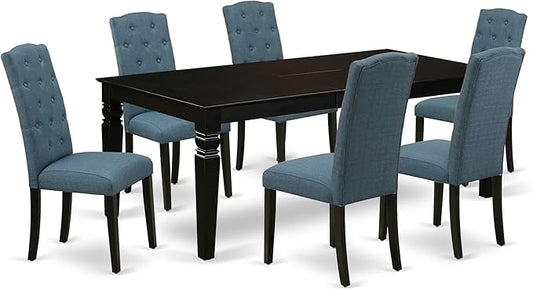 East West Furniture LGCE7-BLK-21 7 Piece Modern Dining Set Consist of a Rectangle Dining Table with Butterfly Leaf and 6 Mineral Blue Linen Fabric Upholstered Chairs, 42x84 Inch, Black