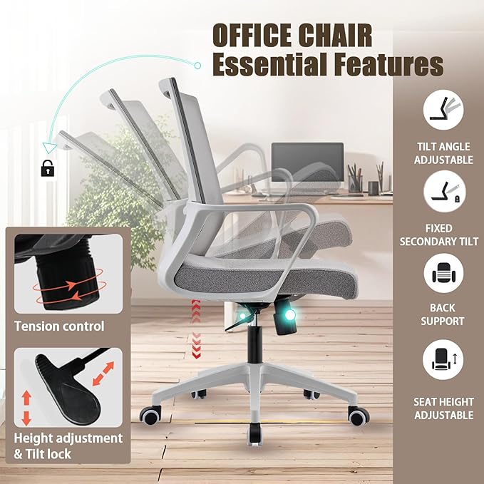 Office Chair ergonomically Designed with Breathable mesh backrest and Lumbar Support Adjustable Height Suitable for Offices Homes bedrooms Study Rooms Grey