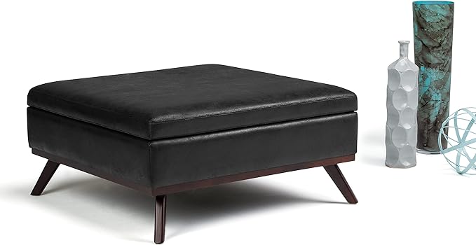 SIMPLIHOME Owen 36 inch Wide Mid Century Modern Square Coffee Table Storage Ottoman in Distressed Black Vegan Faux Leather, Assembled, for the Living Room, Entryway and Family Room