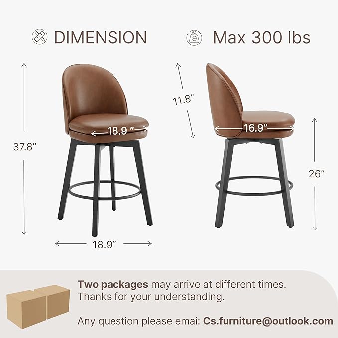 Counter Height Barstools 26 inch Upholstered Swivel Bar Stools with Back and Wood Legs for Kitchen Island,Set of 4,Brown PU Leather-Armless