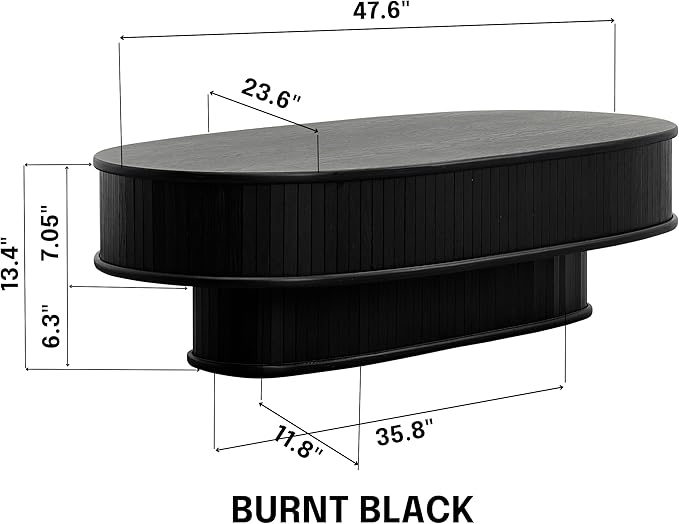 NTC Stream DOU Coffee Table, Modern Double-Layer Oval Wooden Center Table with Vertical Groove Design, Stylish Living Room Decor, Contemporary Minimalist Style, Easy Assembly - Burnt Black