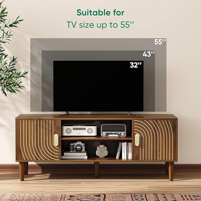 47" TV Stand for TVs up to 55 Inch, Entertainment Center with Storage and Adjustable Shelves, Modern Media Console for Living Room, Walnut