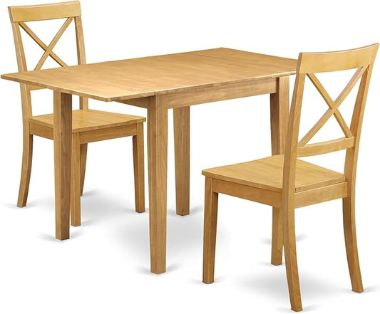 East West Furniture NDBO3-OAK-W 3 Piece Dining Room Table Set Contains a Rectangle Dining Table with Dropleaf and 2 Wood Seat Chairs, 30x48 Inch, Oak