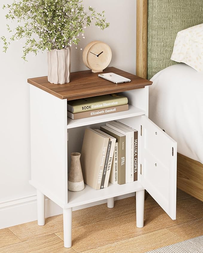 Nightstand, Boho Night Stand with 1 Drawer, Modern Side Accent Table with Open Shelf, Wooden Top Bedside End Table for Bedroom, Living Room, White
