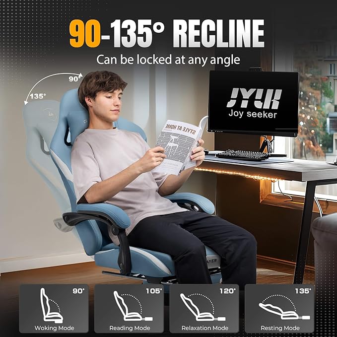 GTRACING Gaming Chair with Foot Rest & Pocket Spring Cushion, Breathable Fabric for Home Office Desk, Ergonomic High Back Computer Chair with Headrest & Lumbar Support, Blue