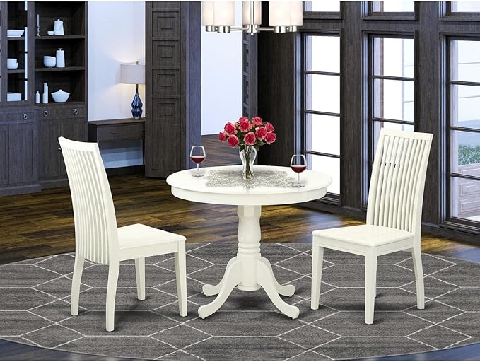 East West Furniture ANIP3-LWH-W 3 Piece Modern Dining Table Set Contains a Round Kitchen Table with Pedestal and 2 Dining Room Chairs, 36x36 Inch, Linen White