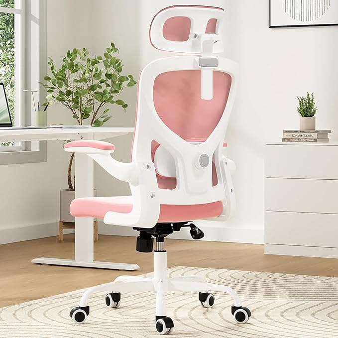 Ergonomic Office Chair, Comfy Home Office Chair High Back Computer Chair with Headrest, Adjustable Back Support, Flip-Up Arms, 90-120° Tilt and Wide Cushion, Up to 300lbs, Pink+White