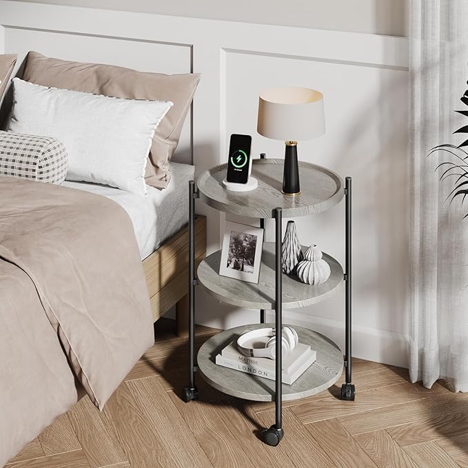 End Tables Living Room, 3-Tier Modern End Table with Wheels, Small Side Table Nightstand Bedside Table for Living Room, Bedroom, or Small Spaces-Gray