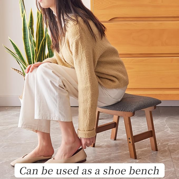 Foot Stool,Ottoman,Bamboo Small Sofa Foot Rest Under Desk,Extra Seating for Living Room, Bedroom and Kitchen (Brown Stool Legs - Gray Surface)