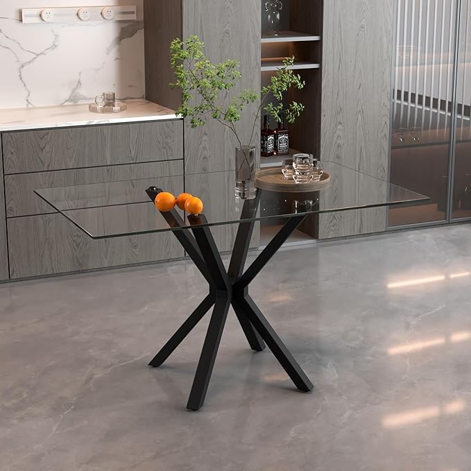 Tempered Glass Dining Table for 4, 48 Inch Rectangular Kitchen Table with Black Metal Legs Modern Style Dinner Table for Dining Room Kitchen