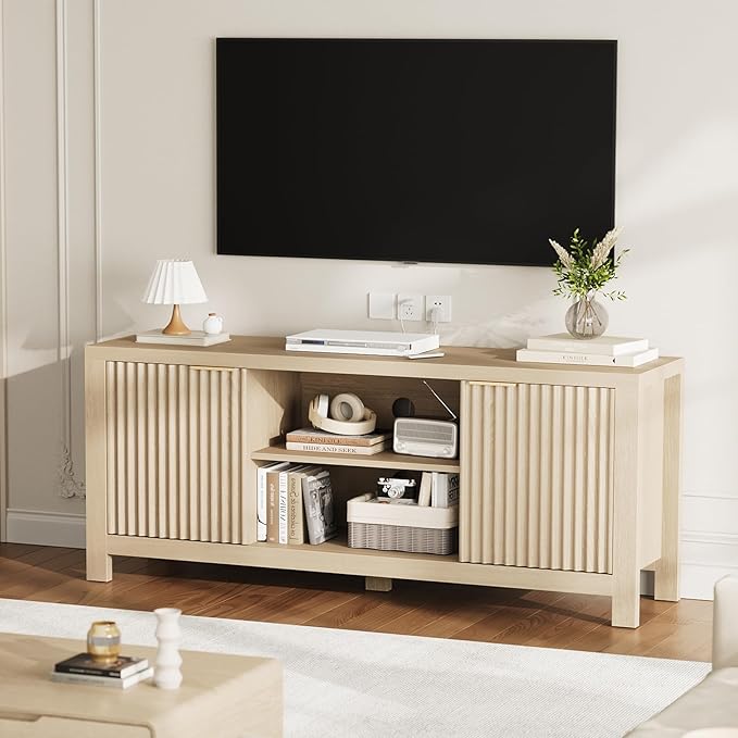 GarveeHome 59" TV Stand for TVs Up to 65 Inches, Mid Century Modern TV Entertainment Center with Storage Cabinets & Open Shelves, Wood TV Cabinet for Living Room, Oak
