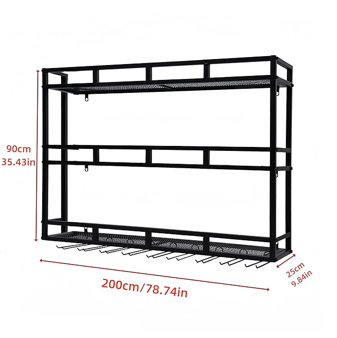 Metal Wine Rack Wall Mounted, Bar Shelves for Liquor Bottles with LED Light, 3 Tier Large Capacity Liquor Rack Wall Mounted with Glass Holder for Home Bar & Dining Room （Black, 79in/200cm）