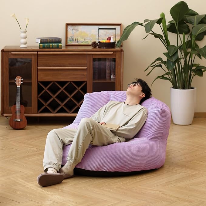 N&V Large Crescent Bean Bag Chair, Adult Size Bean Bag Sack, Foam Filling, Soft Premium Corduroy Bean Bag for Living Room Bedroom Dorm and Office (Lavender)