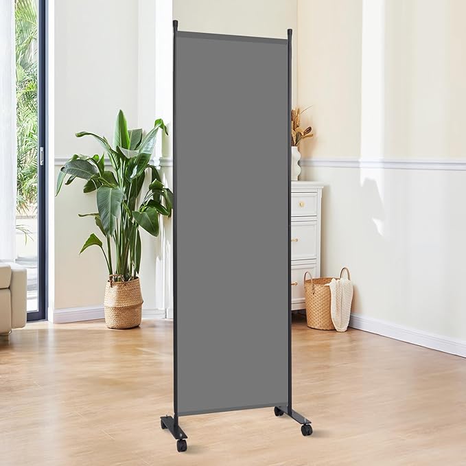 Room Divider 6FT Room Partition with Lockable Wheels, 1 Panel (Thicked Metal Base) Room Dividers, Freestanding Indoor Folding Privacy Screens, Portable Fabric Wall Divider for Room Separation, Grey