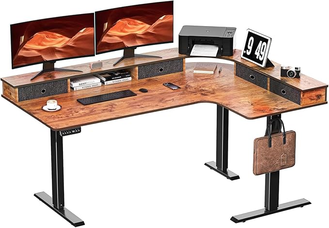 L-Shaped Electric Height Adjustable Desk, 67-inch Reinforced Motor Office Desk with Drawers & Monitor Stand, Ergonomic Design for Healthy Posture, Home Study Gaming, Max load 330 lbs, Retro Brown