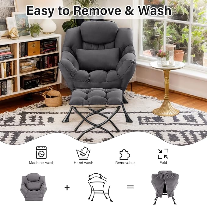Lazy Chair with Ottoman, Comfy Fabric Accent Lounge Arm Chair with Lumbar Pillow and Folding Footrest, Reading Leisure Sofa Armchair for Bedroom, Living Room, Dorm,Dark Grey