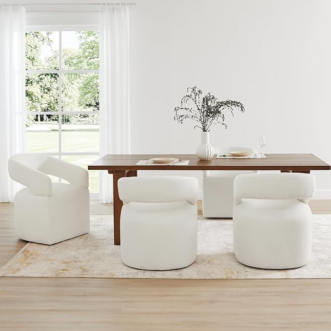 Upholstered Dining Chairs with Removable Casters Barrel Side Armchair with Rollers for Diningroom Bedroom Livingroom Reading Room, Ivory, 2PCS