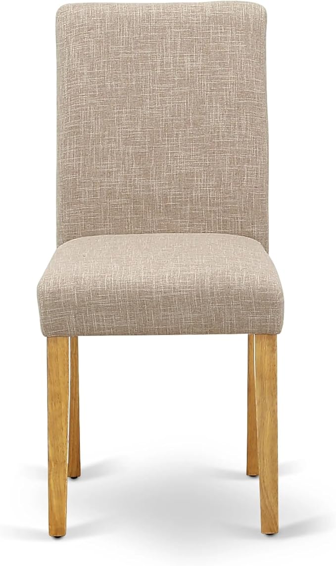 East West Furniture AMAB3-OAK-04 3 Piece Dining Set Contains a Round Kitchen Table with Pedestal and 2 Light Tan Linen Fabric Parson Dining Room Chairs, 36x36 Inch, Oak