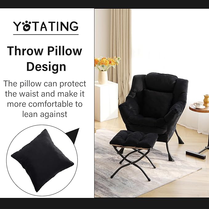 Lazy Chair with Ottoman, Comfy Reading Lounge Chair with Footstool & Throw Pillow Modern with Armrests & Side Pocket for Living Room, Bedroom, Dorm Room, Velvet Black