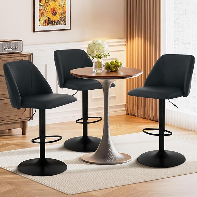 COLAMY Bar Stools Set of 3, Modern Swivel Bar Chairs, Adjustable PU Leather Upholstered Barstools Counter Height with Full Backrest for Bar, Dining Room, Kitchen Island, Black