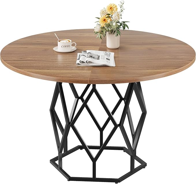 GarveeHome Round Dining Table for 4-6 People, 47 Inch Farmhouse Kitchen Table, Sturdy Metal Base, Industrial Wood Dinning Room Table for Kitchen, Brown
