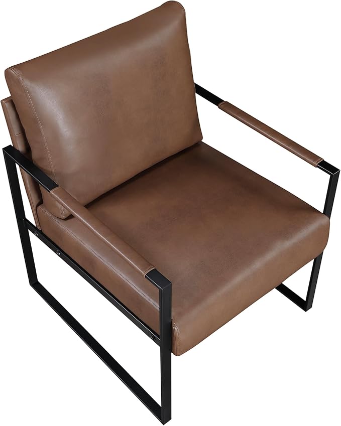 Lexicon Modern Accent Chair, Faux Leather Upholstered Living Room Chair with Wrapped Armrests, Arm Chair with Black Metal Frame, Comfy Single Chair for Living Room/Bedroom/Reading Room/Office, Brown