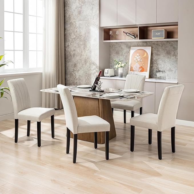 VECELO Upholstered Dining Chairs Set of 6, Modern Fabric and Solid Wood Legs & High Back, Parsons for Kitchen/Living Room- Beige