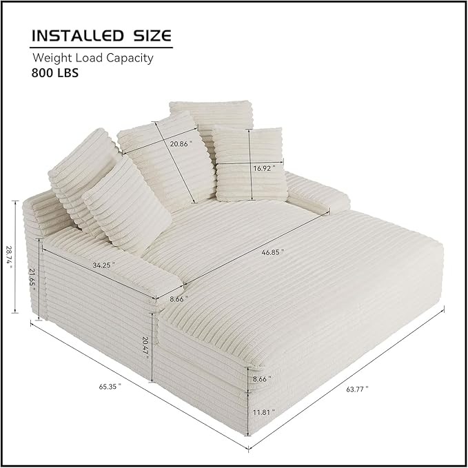 64" Oversized Chaise Daybed Lounge Sleeper Sofa Extra Wide Cloud Sofa&Couch, Luxury Plush Corduroy Upholstered Loveseat Couch Deep Seat Living Room Queen Size Sofabed W/5 Pillows for Home/Apartment