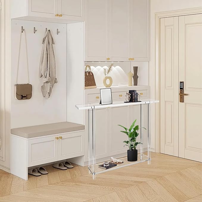 Acrylic Narrow Console Table for Entryway 7.6" D x 39.4" W x 31.5" H Clear Modern Skinny Bookshelf Slim Entry Table Waterfall Desk Furniture for Sofa Foyer Hallway Living Room Dining Room