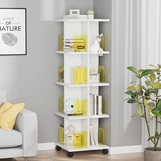 VECELO 4-Tier Rotating Bookshelf, Modern Swivel Bookcase for 360°Display,Stackable Square Book Shelves Floor-Standing Storage for Home Office, Solid Wood, Smooth Spinning, White