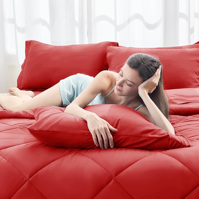 HEVUMYI Red King Comforter Set - 7-Piece All Season Bed in a Bag King, Ultra Soft Bedding Set with Comforter, Flat Sheet, Fitted Sheet, Pillowcases, Pillow Shams