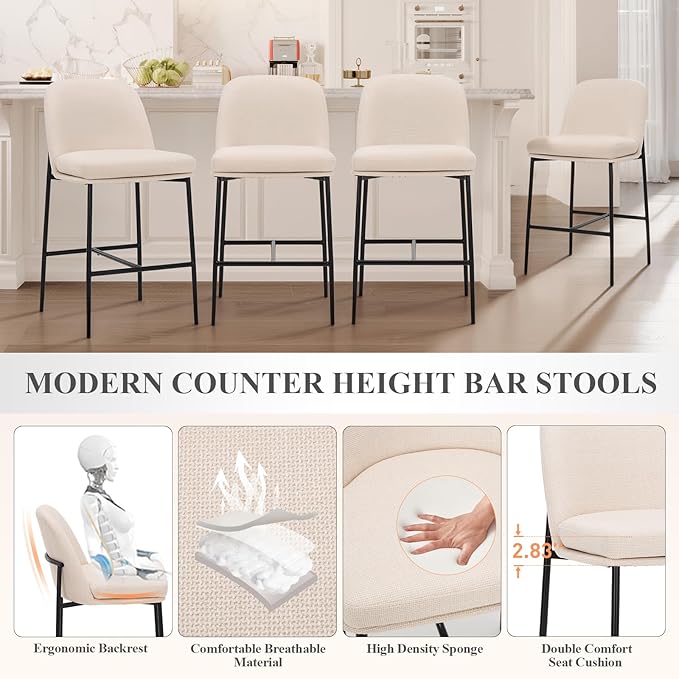 COLAMY Counter Height Bar Stools Set of 6, 25 Inch Modern Fabric Kitchen Island Stools with Back, Upholstered Counter Barstools Armless Bar Chairs with Metal Legs for Island Dining Room Bar, Beige