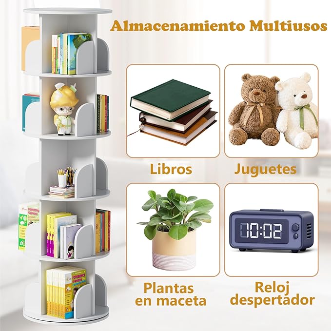 jxgzyy 5 Tier Rotating Bookshelf 62.6x18.1x18.1 Inch Corner Book Shelf 360° Display Spinning Bookcase Space-Saving for Bedroom, Living Room, Study, White