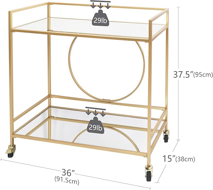 RiteSune Gold Bar Cart, Modern Wine Cart with Wheels, Home Bar Serving Carts with 2 Tier Mirrored Shelves, Wine Bar Carts for The Home, Dining Room, Kitchen