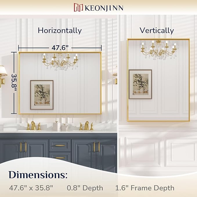 Keonjinn Gold Bathroom Mirror 48” x 36” Brushed Gold Metal Framed Mirror Rectangular Large Wall Mirror Square Corner Gold Vanity Mirror Oversized Rectangle Mirror for Over Sink(Horizontal/Vertical)