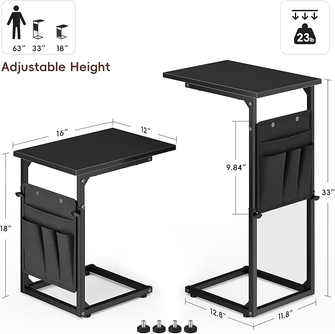 VAGUSICC C Shaped End Table, 33"Tall Side Table for Couch, Adjustable Height Sofa Table Small Couch Side Tables, Laptop Recliner Tables Slide Under Sofa TV Tray Arm Table for Living Room Bedroom,Black