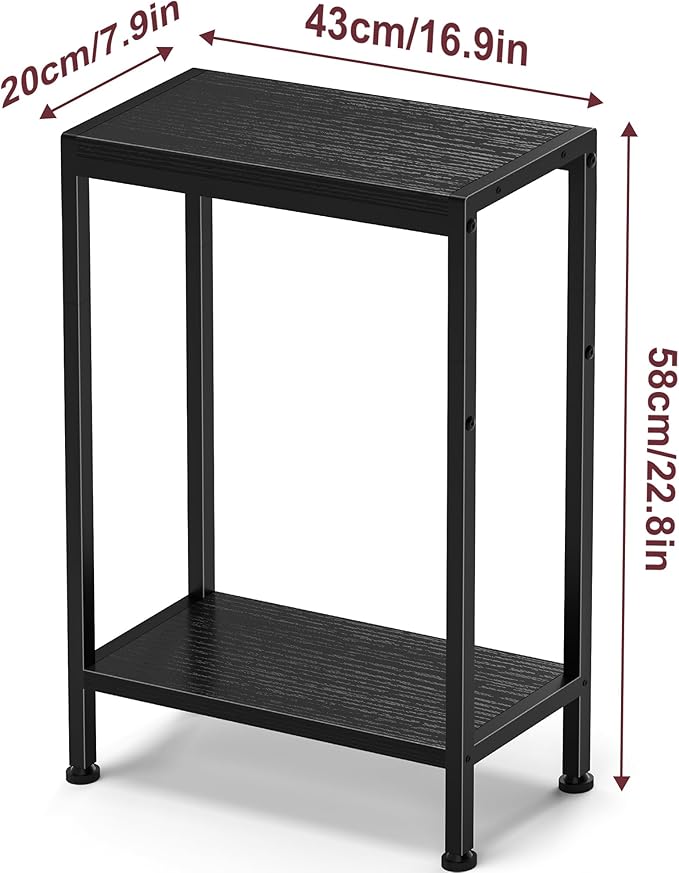 Narrow Side Table for Small Space Set of 2,2-Tier Small End Table with Shelf Holder, Slim Nightstand, Skinny Snack Couch Table in Living Room, Bedroom, Study, Kitchen and Balcony（Black