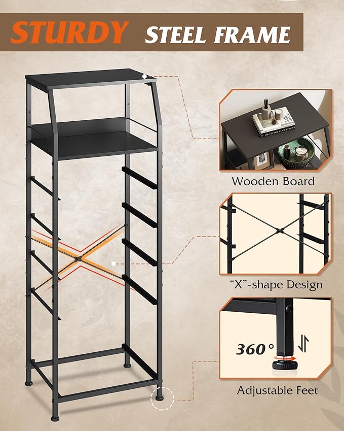 WLIVE Black Fabric Dresser for Bedroom, Tall Nightstand with 5 Drawers & 2 Open Shelves, Modern Night Stand Organizer, Sturdy Steel Frame Bedside Table