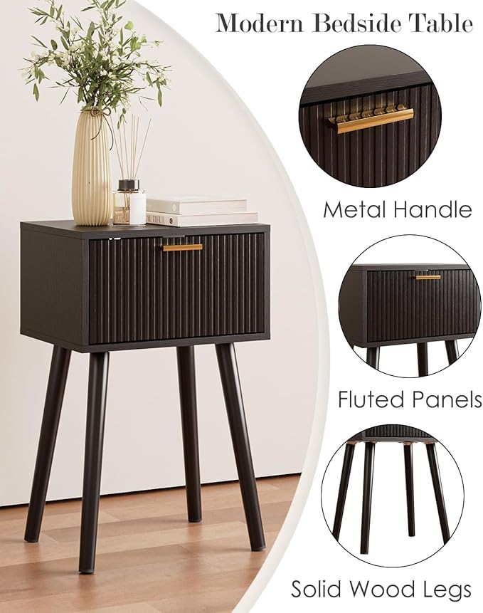 Night Stand Set 2, Black Nightstand with Fluted Doors, Small Modern Mid-Century Bedside Table for Bedroom, End Table for Living Room