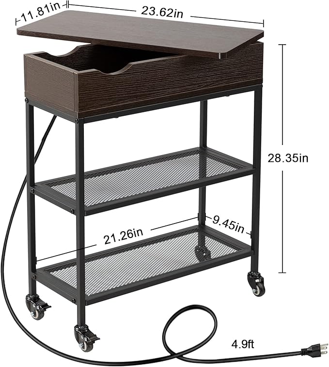 Hadulcet End Table with Charging Station & Rotating Top, Couch End Table, Rotating Swivel Top Side Table for Living Room & Bedroom, Narrow Rolling Side Table on Wheels, Skinny Nightstand, Black Walnut