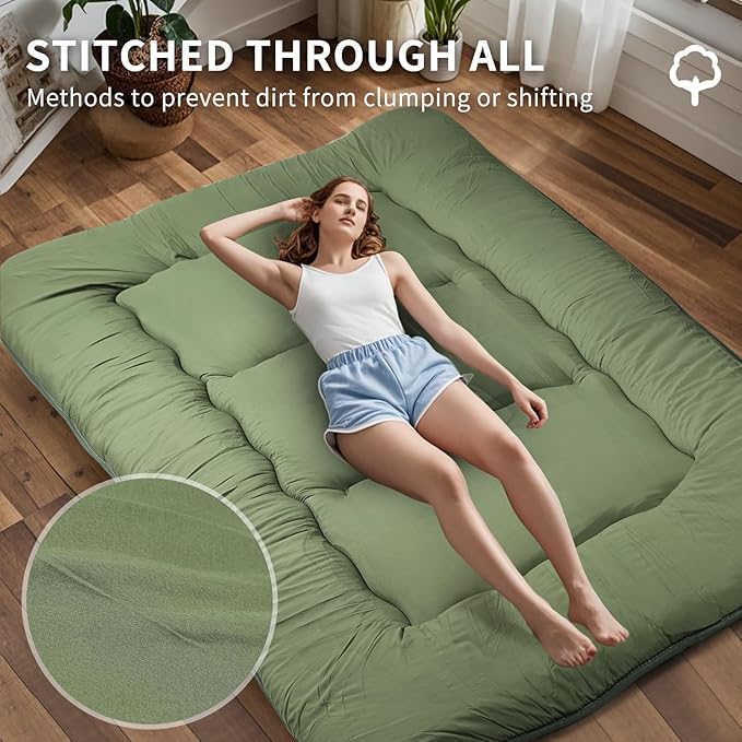 Japanese Floor Mattress,Roll Up Memory Foam Tatami Mat Easy to Store and Portable,Futon Mattress Suitable for Camping and Guest Room (Green, Full (80" X 47"))