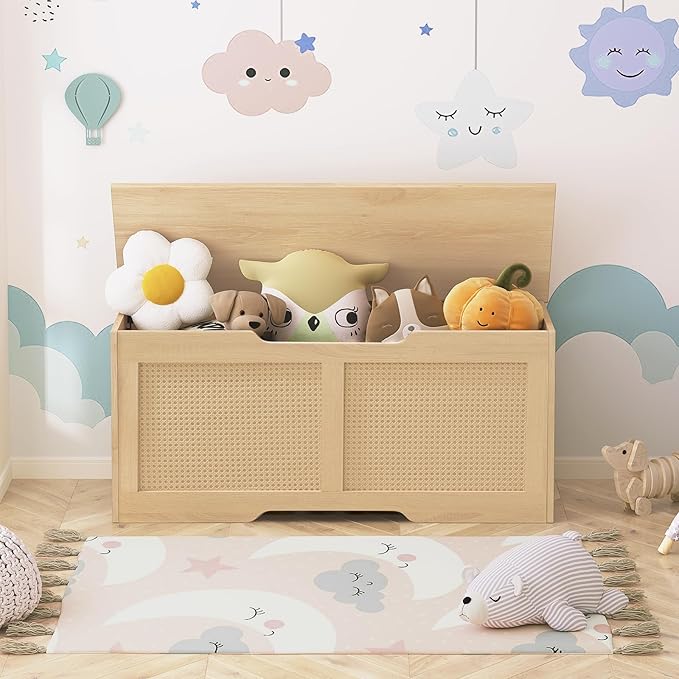HOOBRO Storage Bench, 43.3" Toy Box, Rattan-Like Storage Chest, Sturdy Entryway Bench Supports 220 lb, Toy Chest, Safety Hinge, U-Shaped Opening, Easy Assembly, Natural NL22CW01