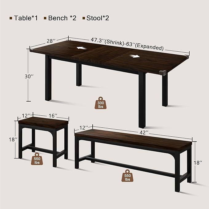 5 Pieces Dining Room Table Set for 4-6, 63' Extendable Kitchen Table Set with 2 Benches & 2 Stools, Small Dining Table Set with Metal Frame & MDF Board, Espresso
