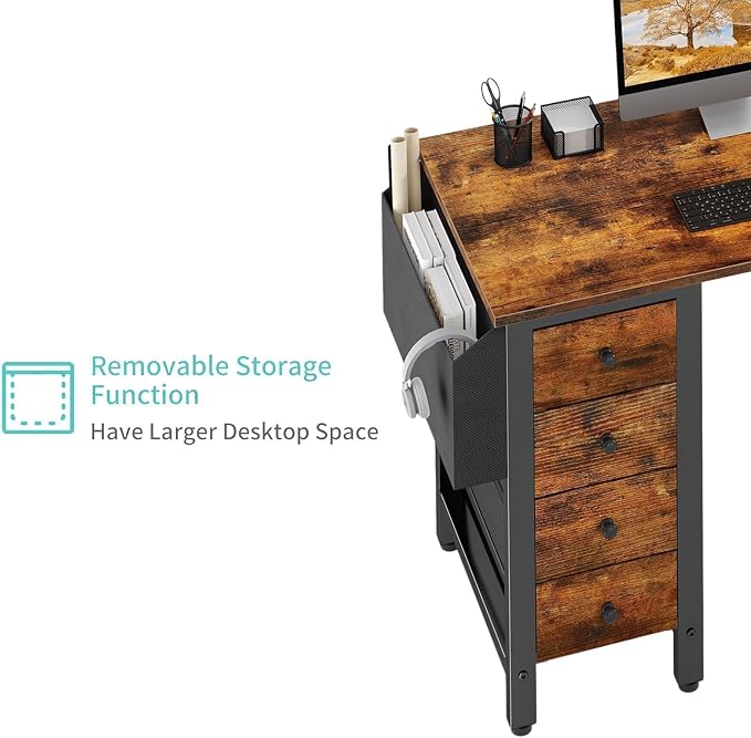 Lufeiya L Shaped Desk with Drawers & Storage Shelves, 47 Inch Small Reversible Corner Desk with Power Outlet for Home Office Bedroom, L-Shaped Gaming PC Computer Desks with Fabric Drawer, Rustic Brown