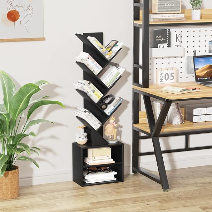 10 Tier Tree Bookshelf,Floor Standing Wood Tall Bookcase for Narrow Space, Storage Organizer Bookshelves for Books, Book Case for CDs/Movies/Books,Home Office,Living Room, Bedroom