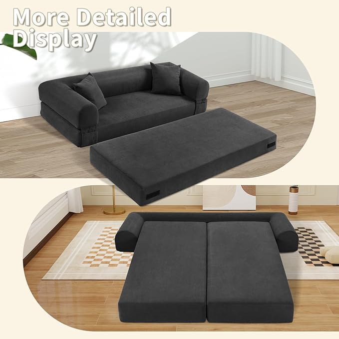 80" Convertible Sofa Bed, Corduroy Deep Seat Folding Pull Out Couch with Pillows, No Assembly Modern Boneless Couch Compression Sofa in Box, Floor Sofa with Storage Pocket for Living Room,Dark Grey