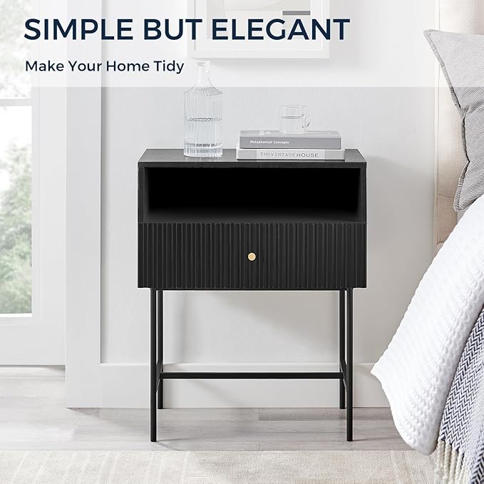 OCANDO Black Night Stand 19" Bedroom Bedside Table, Mid Century Modern Small Nightstand with 1 Fluted Drawer and Storage Shelf, Living Room Slim Sofa Couch Side End Tables Gold Handle