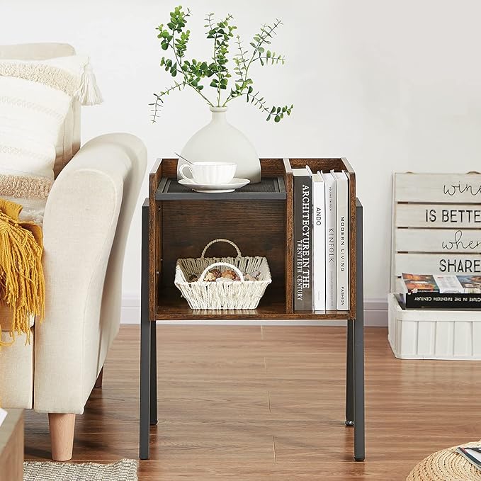 VECELO Nightstand Industrial End Table,Bedside Table with 2-Tier Open Storage Shelves,Wood Side Table with Metal Frame for Bedroom, Living Room,Small Spaces